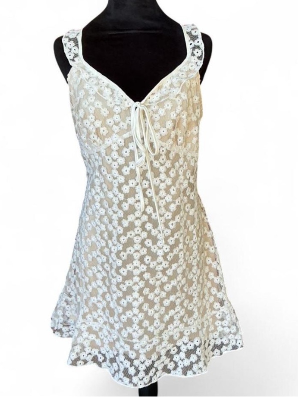Cottagecore Coquette Cream Lace Mini Dress with Tie Front and Ruffle Straps